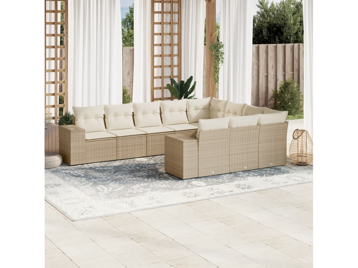 Vidaxl 10 Pcs Conjunto De Sofás P/ Jardim Com Almofadões Vime Pe Bege