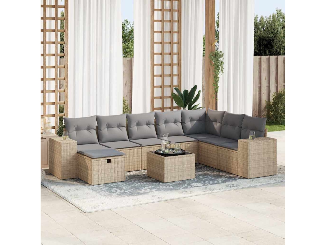 Vidaxl 9 Pcs Conjunto De Sofás P/ Jardim Com Almofadões Vime Pe Bege