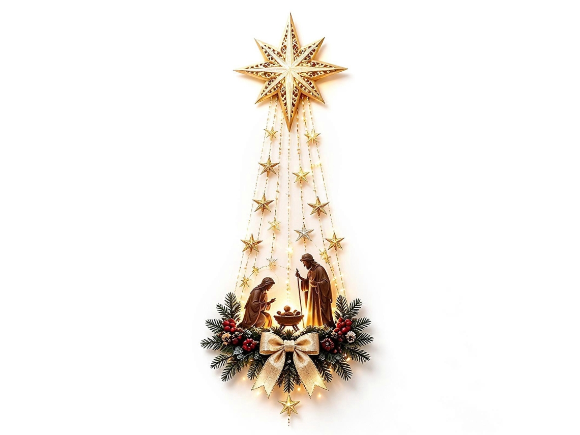 Lighted Nativity Wall Decor - 3d Gold Bethlehem Led Christmas Hanging Lighta