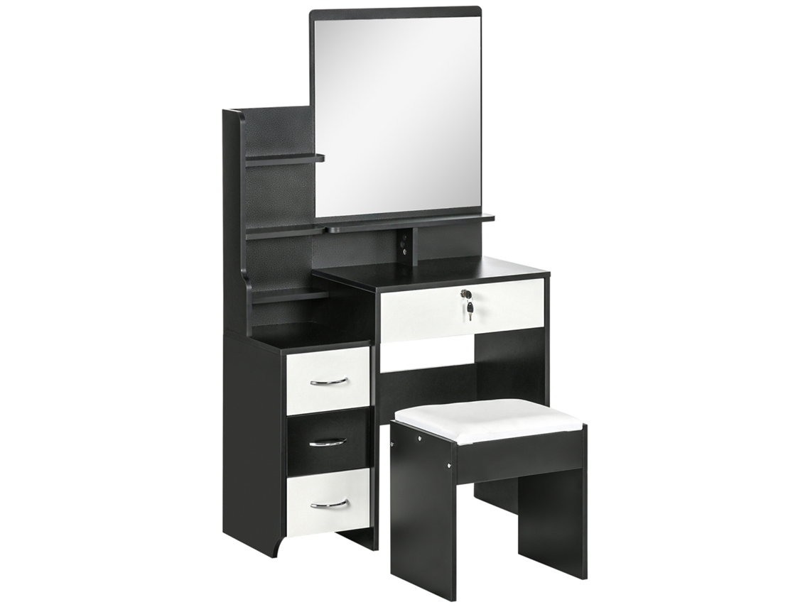 Conjunto De Penteadeira Com Banqueta Acolchoada, Espelho Grande, Várias Prateleiras Abertas E 4 Gavetas, Branco E Preto.