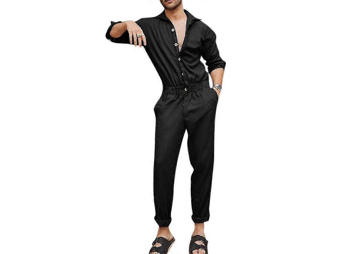 Macacão De Manga Longa De Uma Peça Para Homem Calça Overalls Romper Playsuit Poliéster Preto