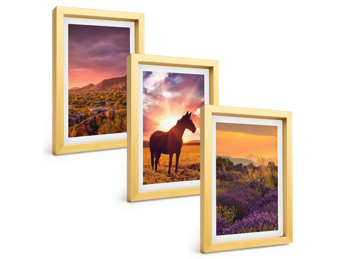 Um Conjunto De Imagens Decorativas Em Uma Moldurapaisagem De Montanha Com Um Cavalo Moldura Dourada Pinturas De Quarto Espelharte (3 Peças 20x30 Cm)