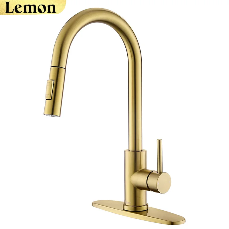 Torneira De Cozinha Com Acabamento Em Ouro Escovado E Bico Extensível.