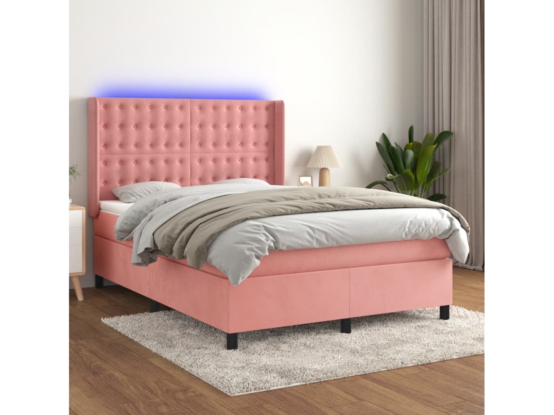 Vidaxl Cama Box Spring C/ Colchão/led 140x190 Cm Veludo Rosa
