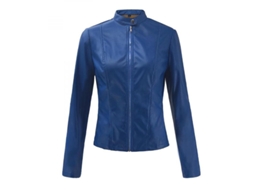 Jaqueta feminina Rebe vintage em couro sintético com zíper, gola alta, manga comprida, modelagem ajustada, ideal para motociclismo, tamanho M, azul.