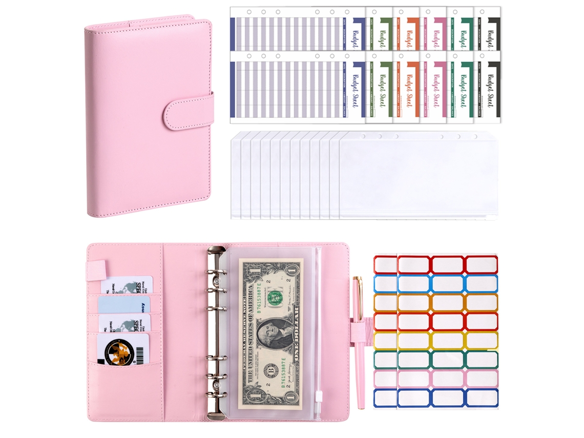 A6 Pu Leather Macaron Ring Binder Notebook Cash Organizer Budget Planner, Pink Cover With 12-budget Cards, 12-zipper