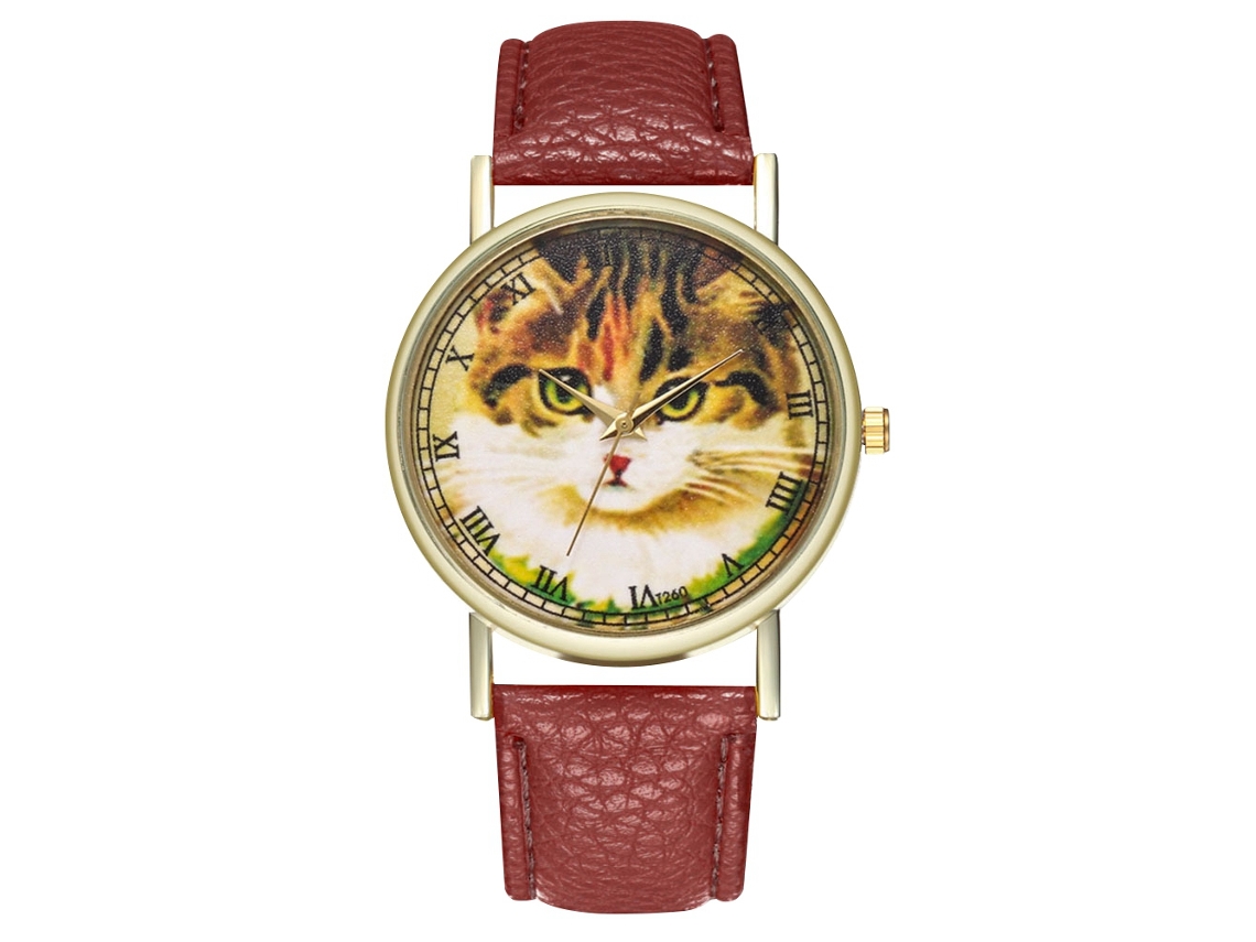 Relógio de Pulso Feminino Masculino de Couro Pu com Padrão de Gato Quartz (café)