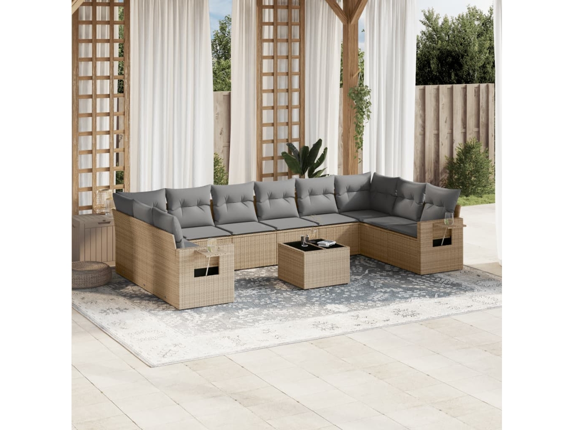 Vidaxl 11 Pcs Conjunto Sofás De Jardim C/ Almofadões Vime Pe Bege