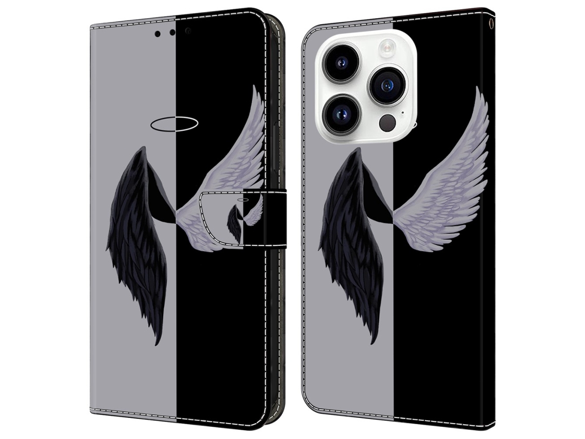 Capa Em Couro Pu Magnético Para Apple Iphone 16 Pro Max - Asas Pretas/brancas