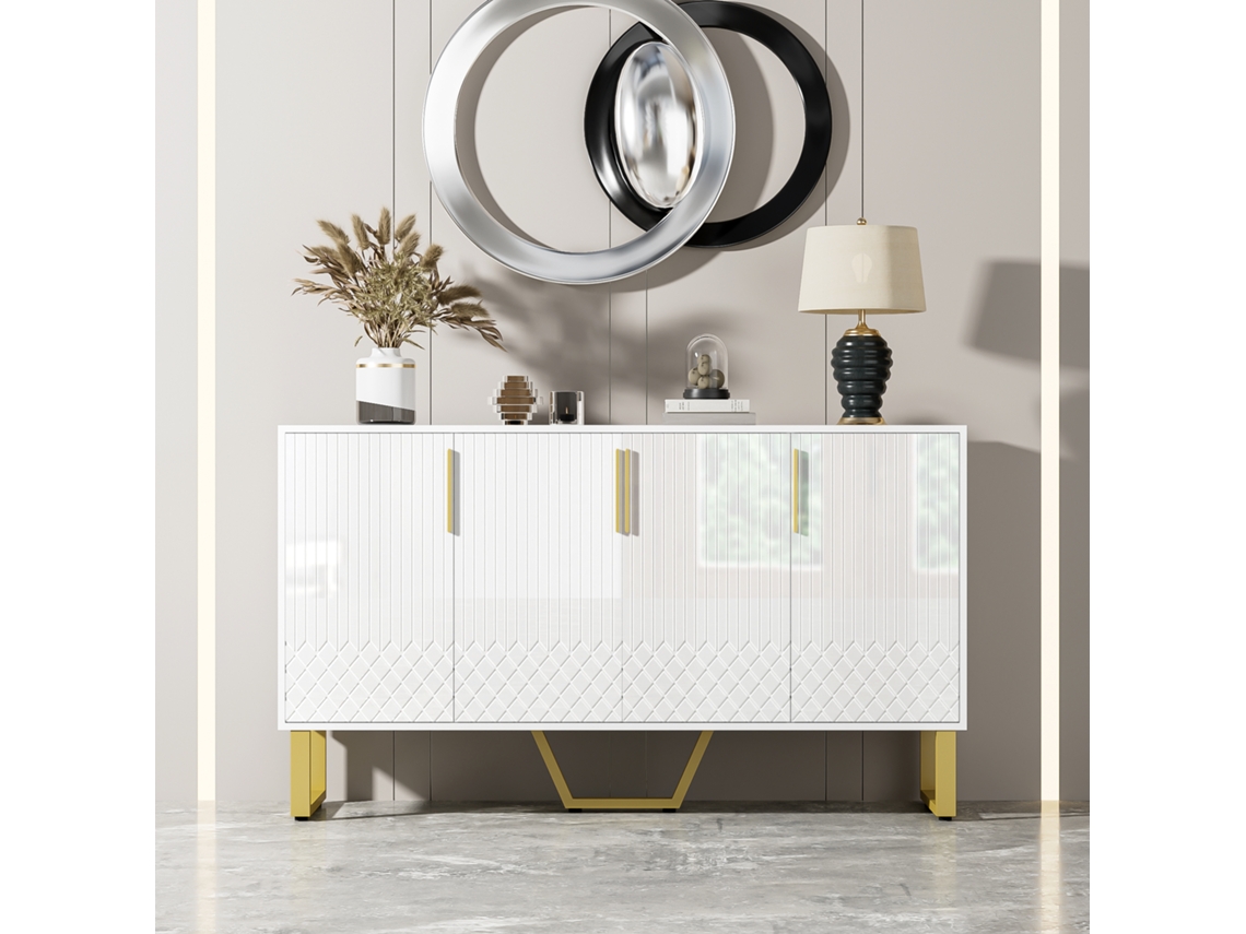 Aparador Brilhante 4 Portas Com Puxadores E Pernas De Metal Design Geométrico Branco 140l40b80h Mega Echo Trade Shop