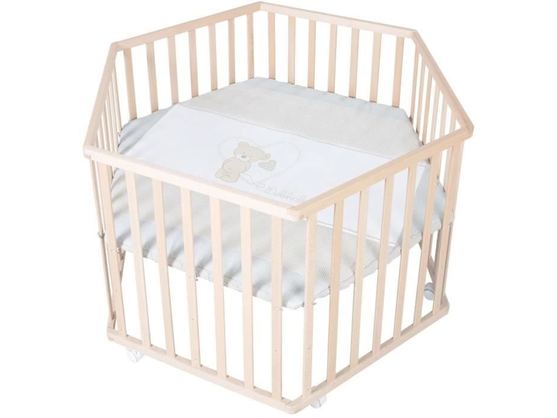 Parque Para Bebê Hexagonal Roba Liebhabear Ajustável Em Altura Fundo Removível 6 Rodas Com Freio Madeira Natural Padrão De Ursinho
