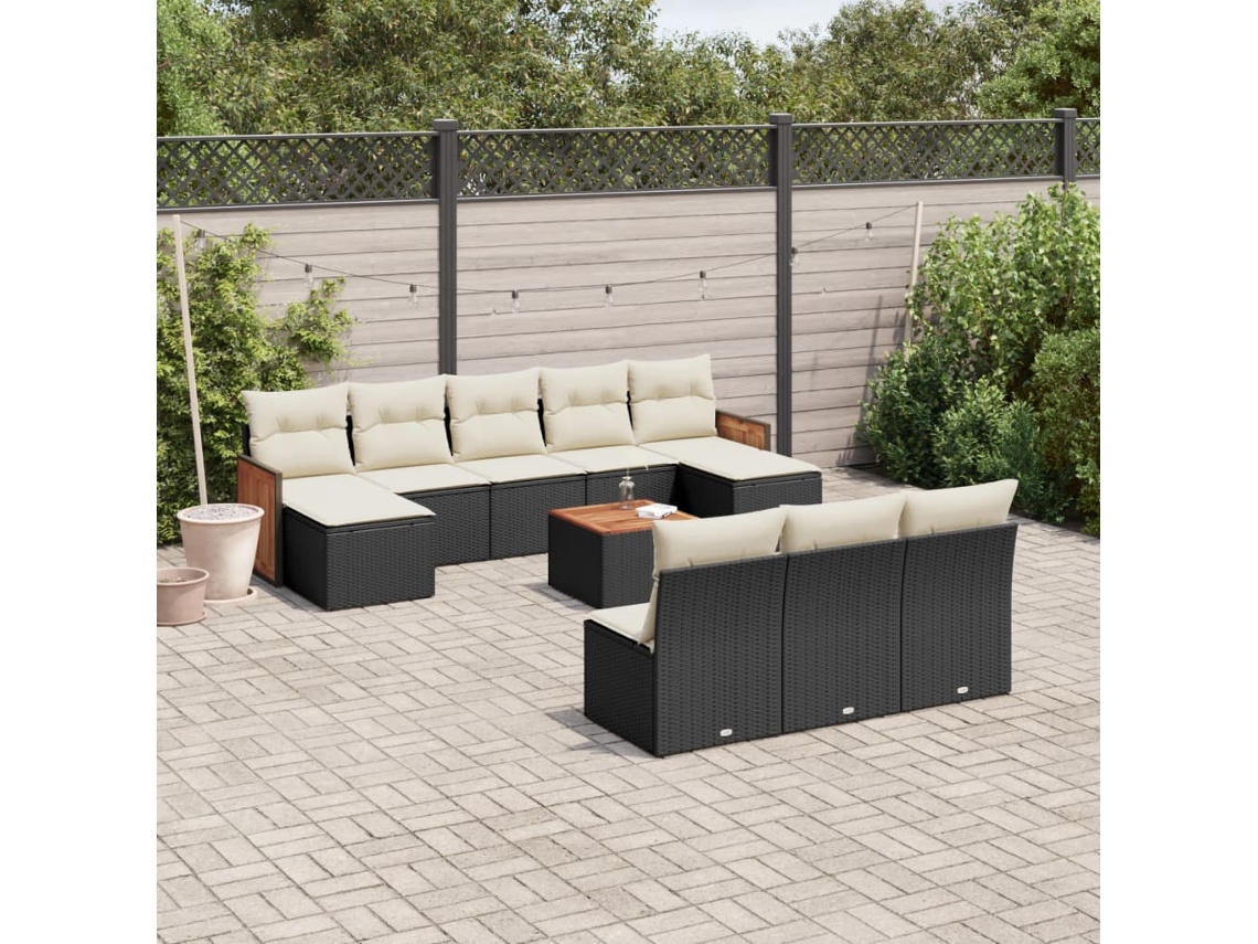 Vidaxl 11 Pcs Conjunto Sofás de Jardim C/ Almofadões Vime Pe Preto