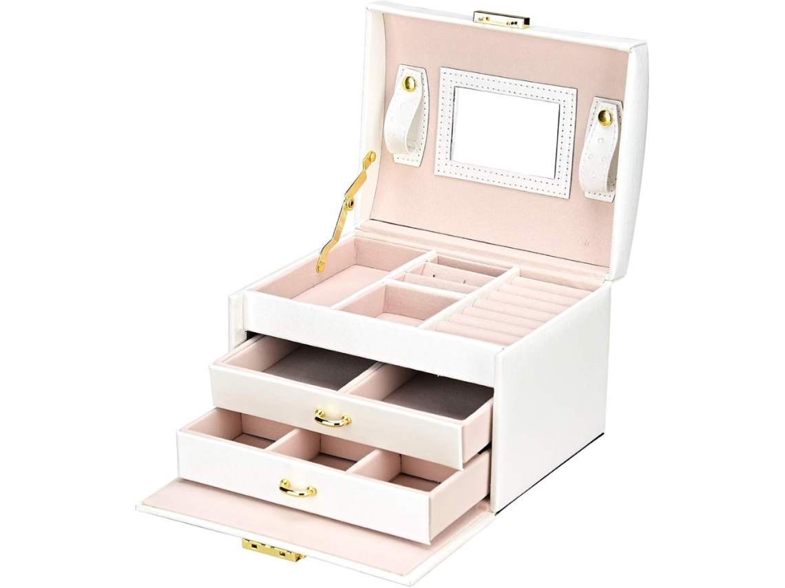 Caixa De Joias Em Pele Com 3 Níveis - Organizador De Anéis Para Viagem - Branco - 17x14x13cm