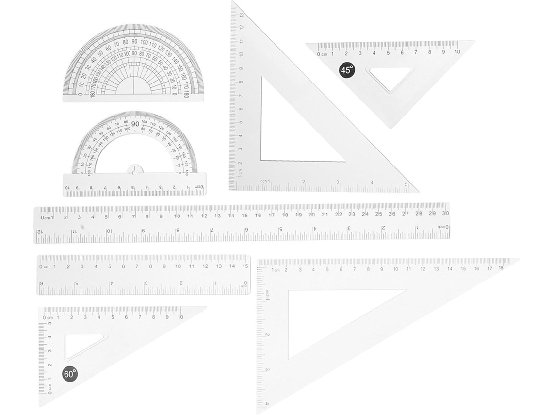 Conjunto De 8 Peças Réguas Geométricas Plástico Transparente Com Transferidor E Esquadro Para Facilitar O Desenho A