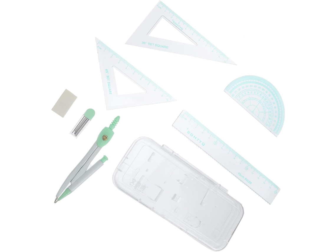 Kit de desenho com régua e compasso em metal e plástico para estudantes, 7 peças, fácil de guardar e com acabamento preciso.