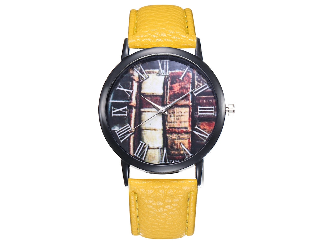 Relógio de quartzo unissex com pulseira de PU e mostrador redondo T431 (amarelo)