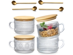 Conjunto De 4 Xícaras Café Vintage, Presente Para Mulheres, Com Tampa E Colher Bambu, Xícara Vidro Relevo, Gelado. Aquaforge