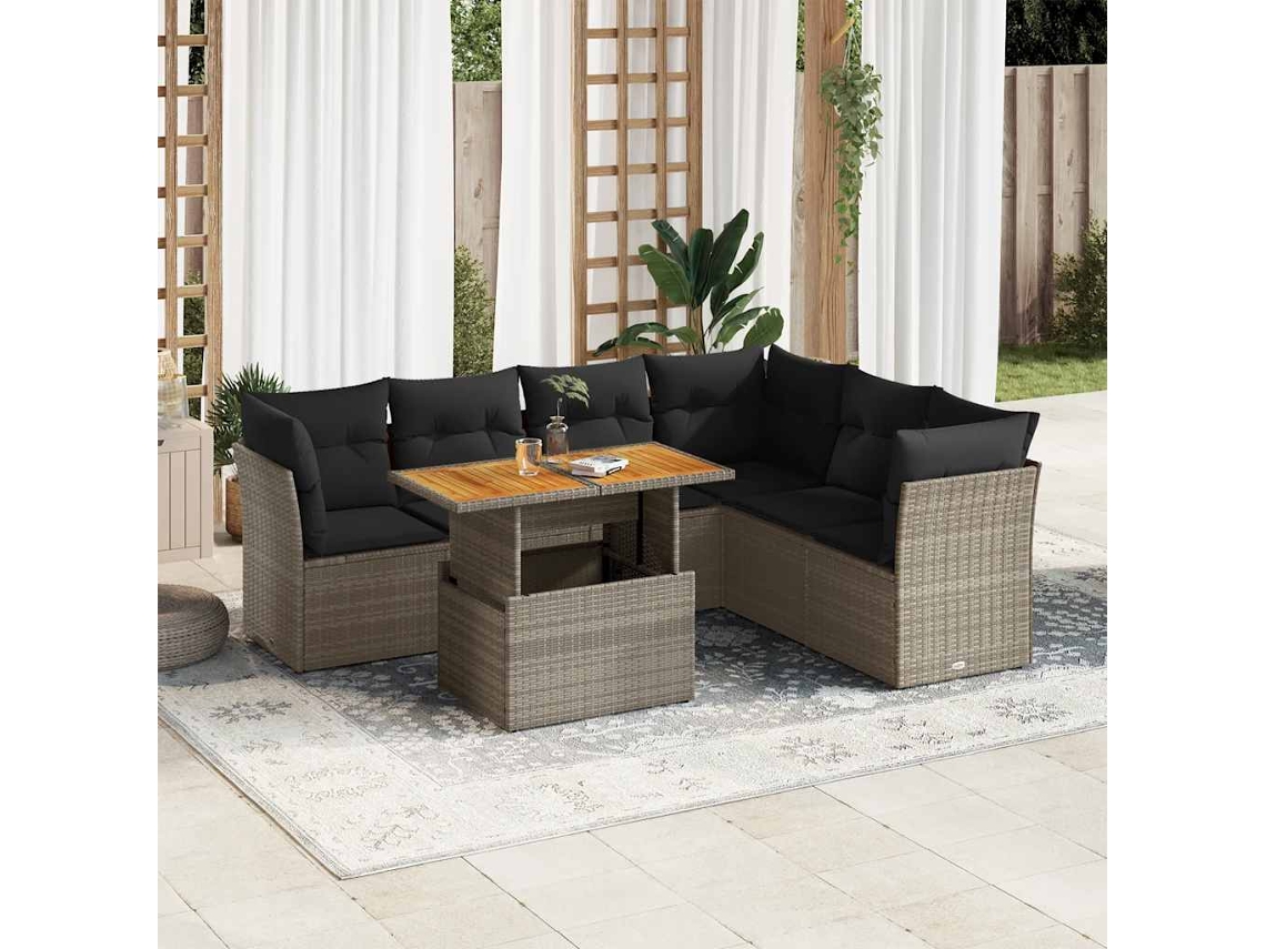 Vidaxl 7 Pcs Conjunto Sofás P/ Jardim C/ Almofadões Vime Pe Cinzento