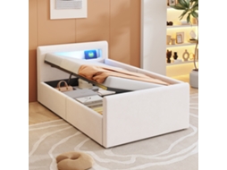 Cama Infantil 90x200 Cm Com Led Luz Noturna Usb Estante Armazenamento Bege