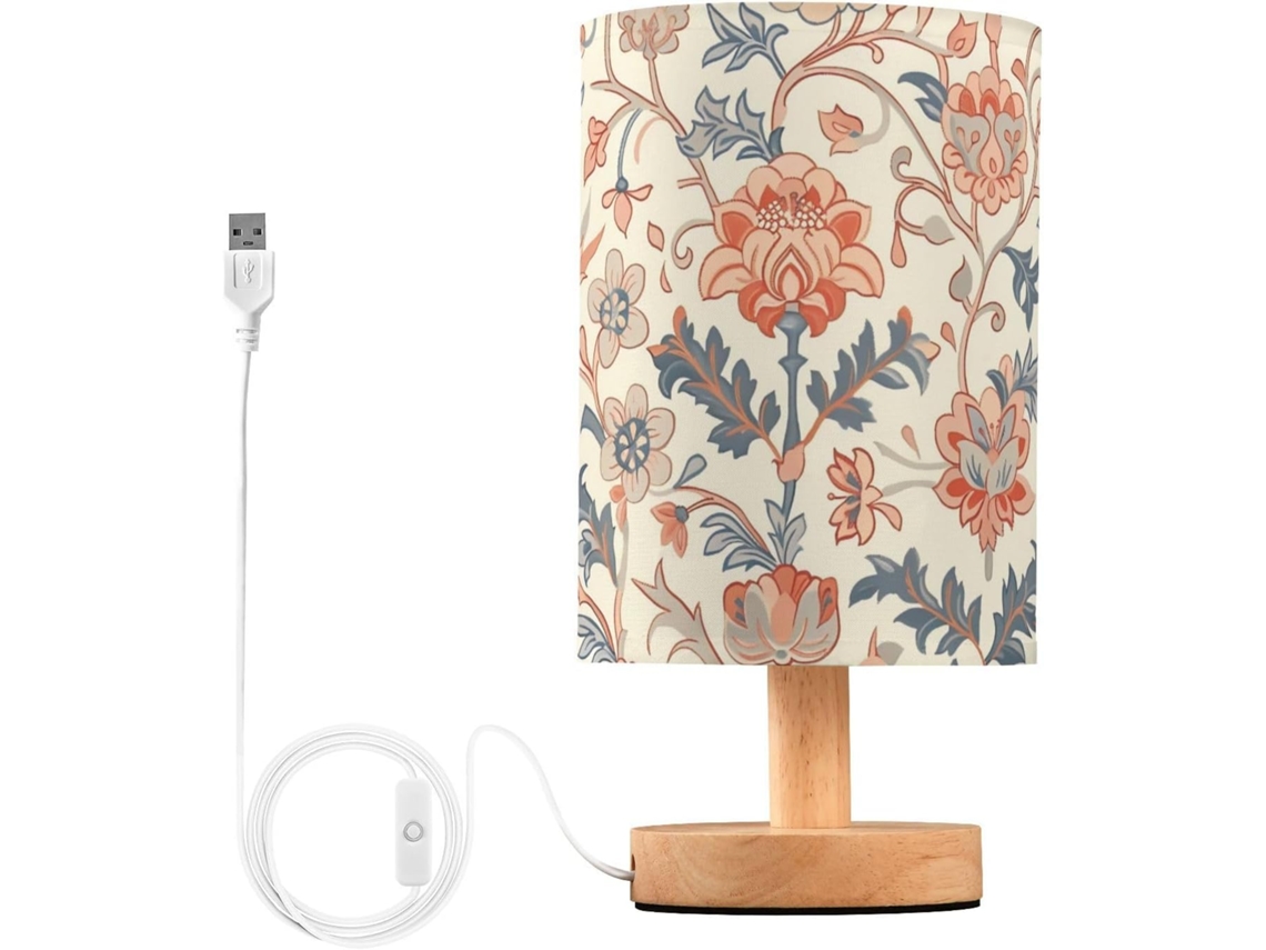 Mesa lateral retrô vintage bege com estampa floral, ideal para leitura na cozinha.