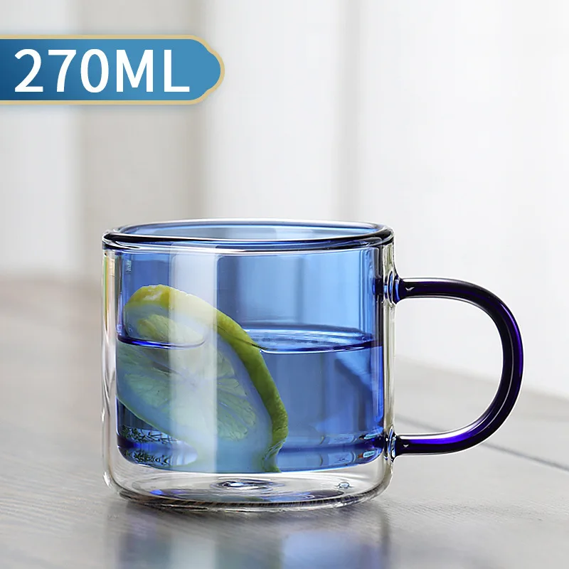 Caneca de Vidro Colorido com Isolamento de Parede Dupla, Caneca Transparente para Café Expresso MDUG (azul 270ml)