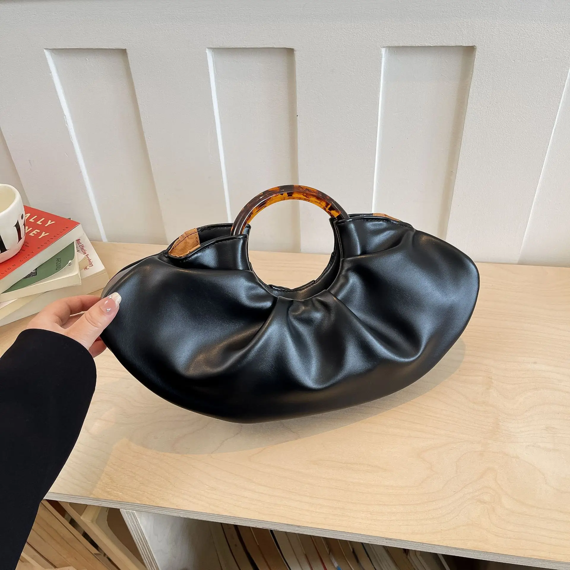 (preta) Bolsa Feminina Dobrável Retrô, Nova Bolsa De Pulso Feminina Moderna Com Alça Redonda