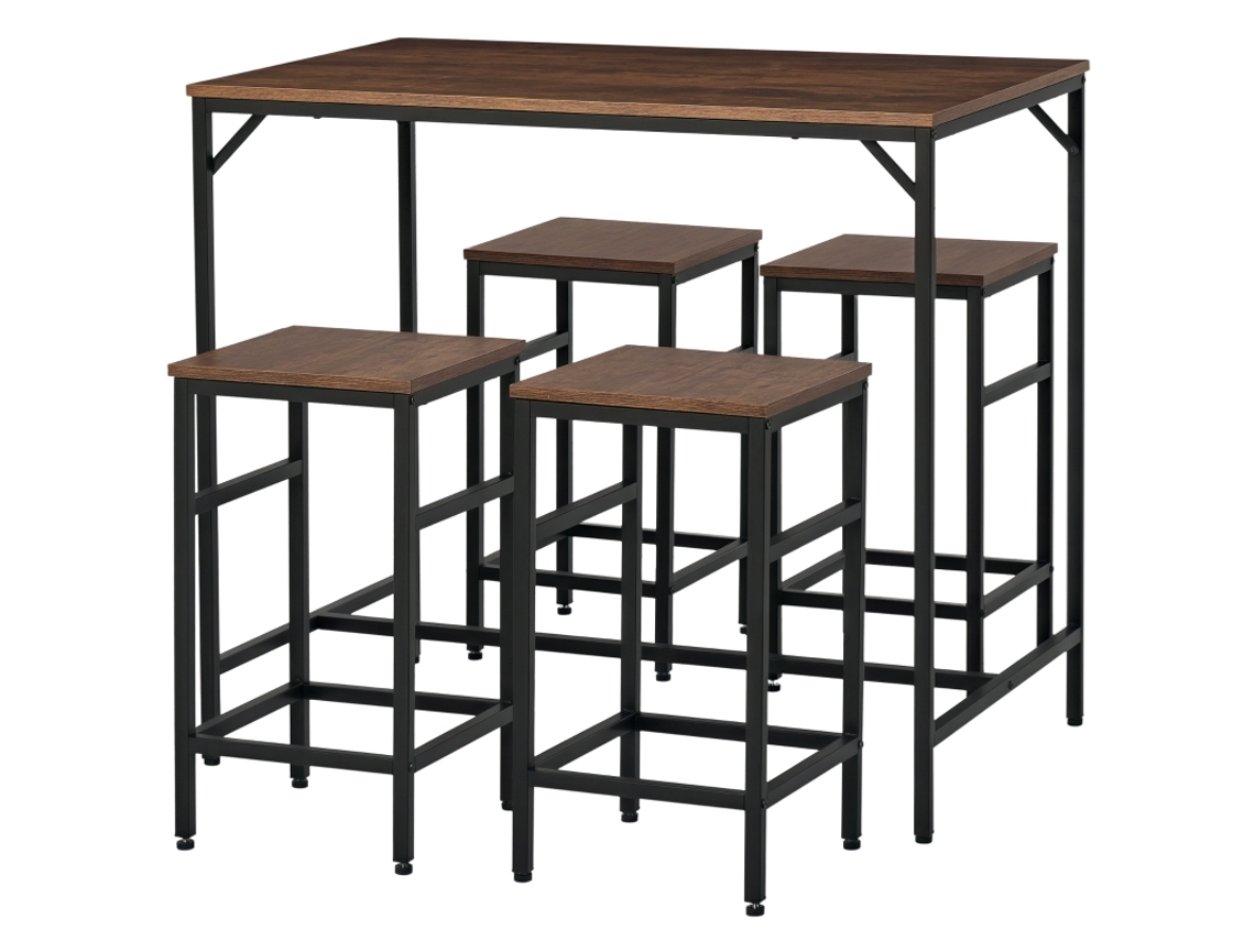 Conjunto De Mesa De Bar Industrial Com 4 Banquetas De Madeira Carvalho E Estrutura Em Metal Preto Para Decoração Moderna