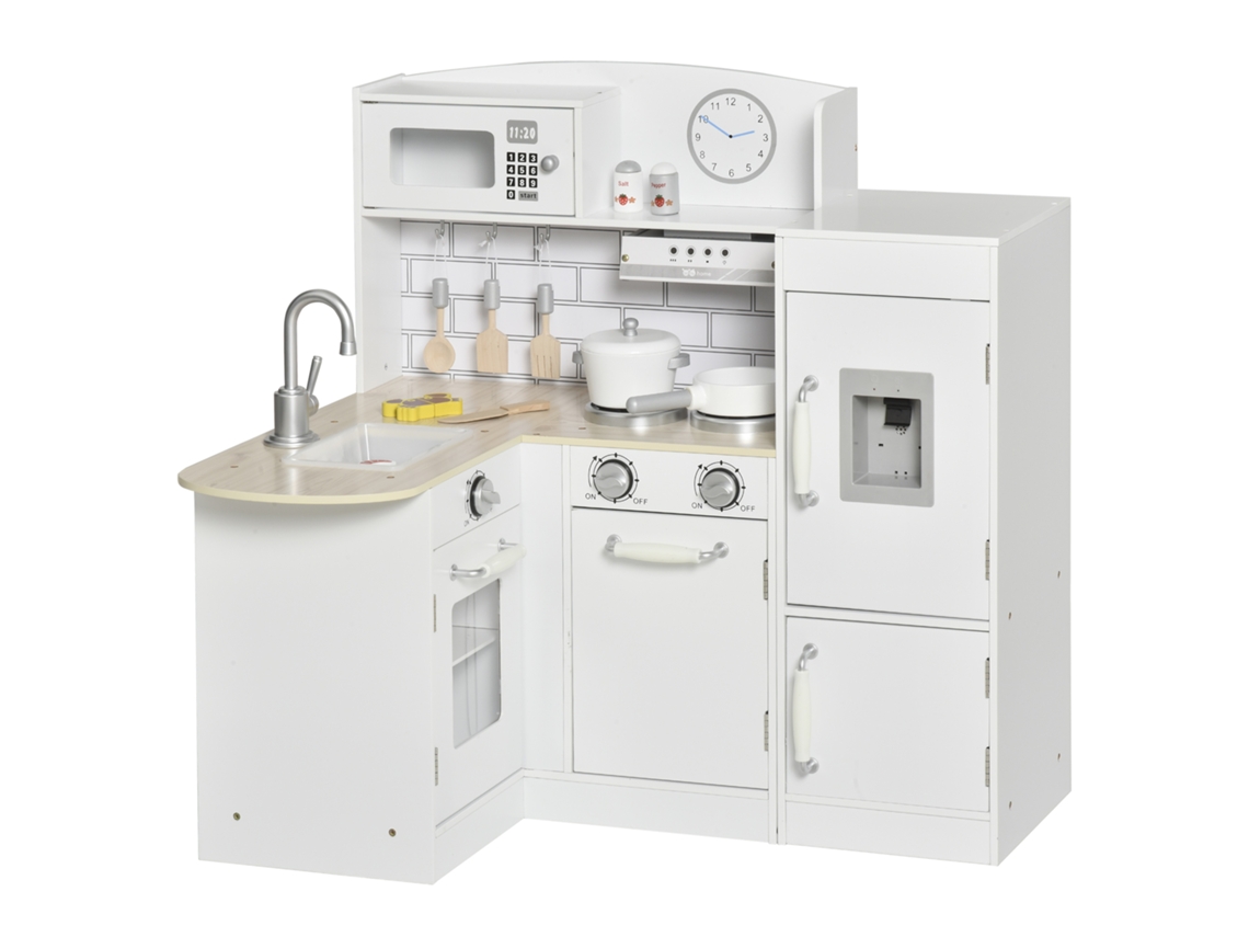 Cozinha De Madeira Infantil 3+ Anos, Conjunto De Imitação Com Acessórios E Armazenamento, Mdf E Pinho, Pia E Micro-ondas Na Cor Branca