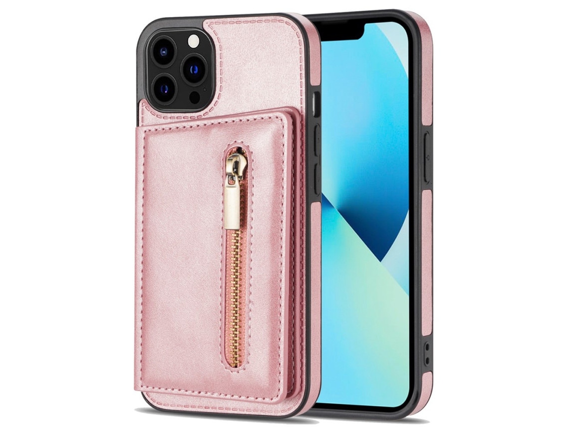 Capa Para Iphone 14 Pro Pele Sintética Anti-choque Com Porta-cartões Rosa