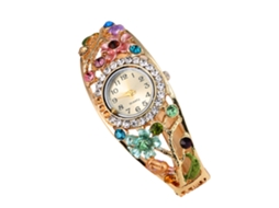 Relógio de Pulso Bangle Feminino de Quartzo com Strass e Padrão Floral em Liga