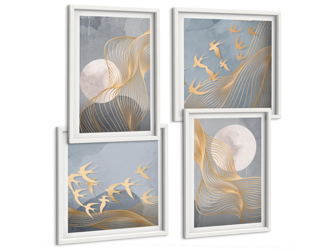 Composição De Quadros Padrões Abstratos, Ondas, Círculos Moldura Branca Quadros Para O Escritório Espelharte (conjunto De 4 Imagens)