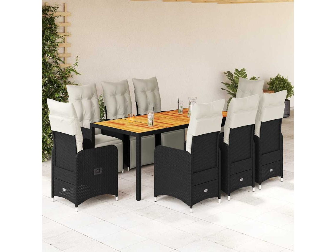 9 Pcs Conjunto De Bistrô P/ Jardim C/ Almofadões Vime Pe Preto Dkd Home Decor