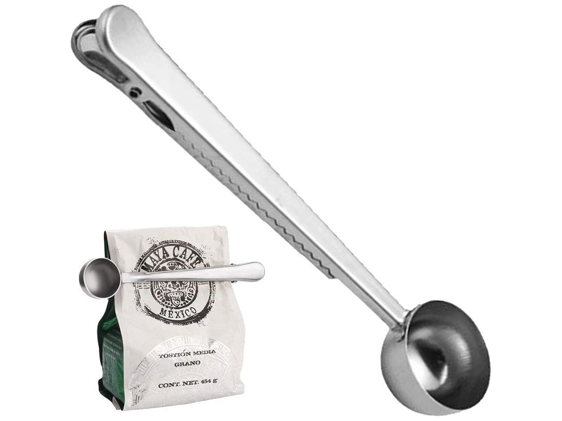 Colher de Café Rebe, 1 colher de chá (15ml), com prendedor para saquinho, em aço inoxidável, para café moído e em grãos.
