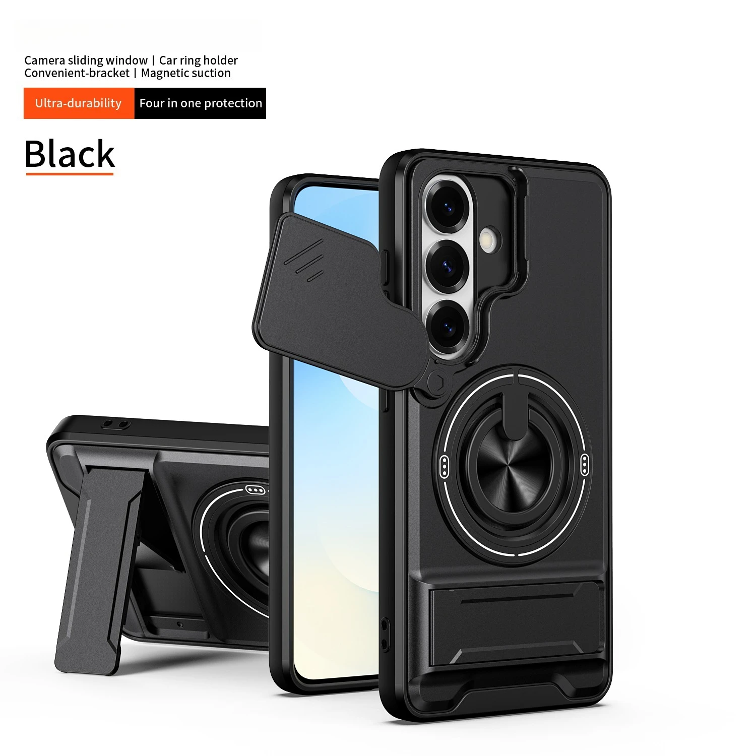 Capa Para Celular Com Suporte Magnético Giratório 360° E Anel Deslizante Para Lente (galaxy S24 Ultra, Preto).