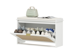 Banco Sapatos Com Assento Estofado E Gaveta, Porta De Vime, 80x26x47,5cm, Branco