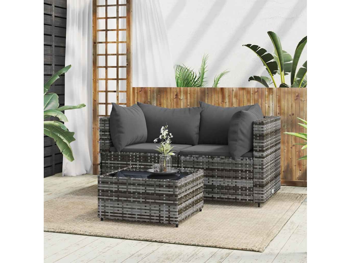 Conjunto Lounge de Jardim 3 Pcs C/ Almofadões Vime Pe Cinzento Dkd Home Decor