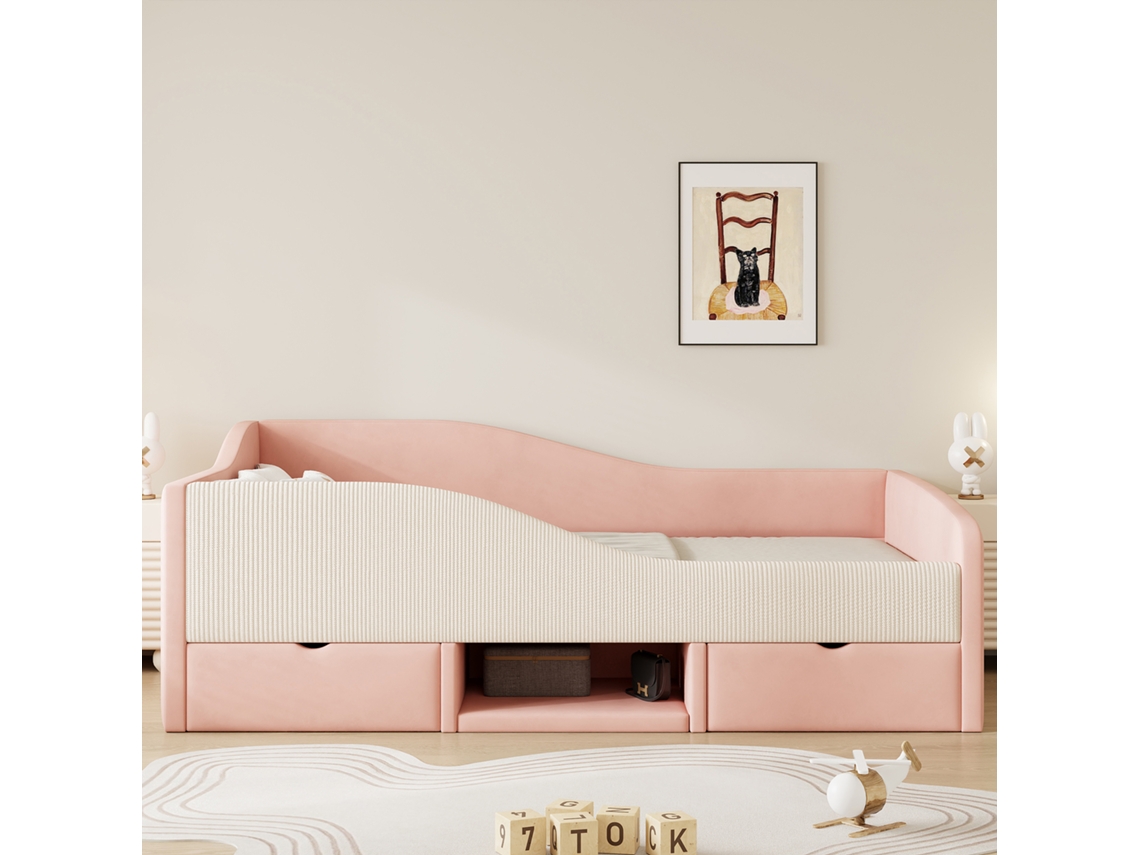 Sofá-cama Infantil Estofado 90x190 Cm Com 2 Gavetas, Grades Segurança, Veludo Macio Rosa/branco Creme (sem Colchão)