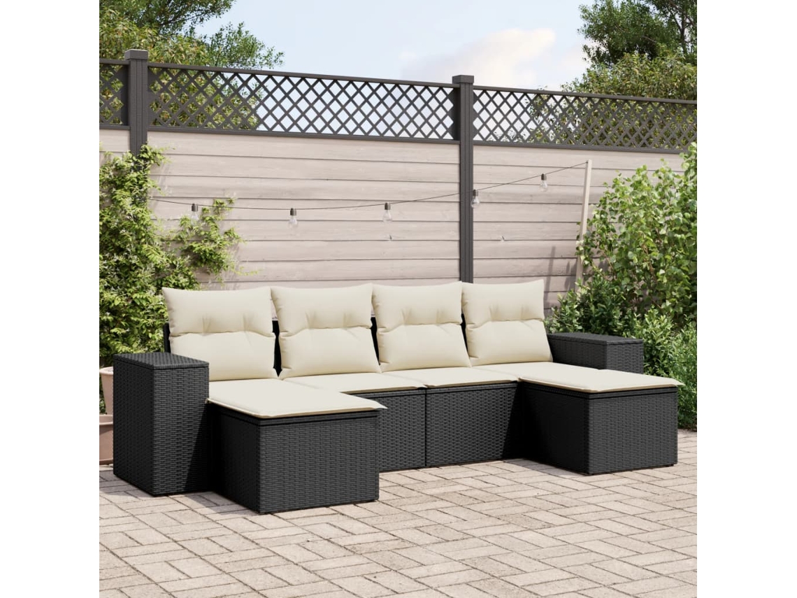 Vidaxl 6 Pcs Conjunto Sofás De Jardim C/ Almofadões Vime Pe Preto