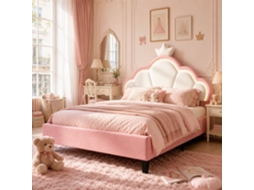 Cama Princesa 140X200 Cm Com Led, Cama Infantil Com Cabeceira Em Formato De Coroa, Cama Estofada Com Cabeceira Regulável, Veludo Rosa, Base Com Ripas