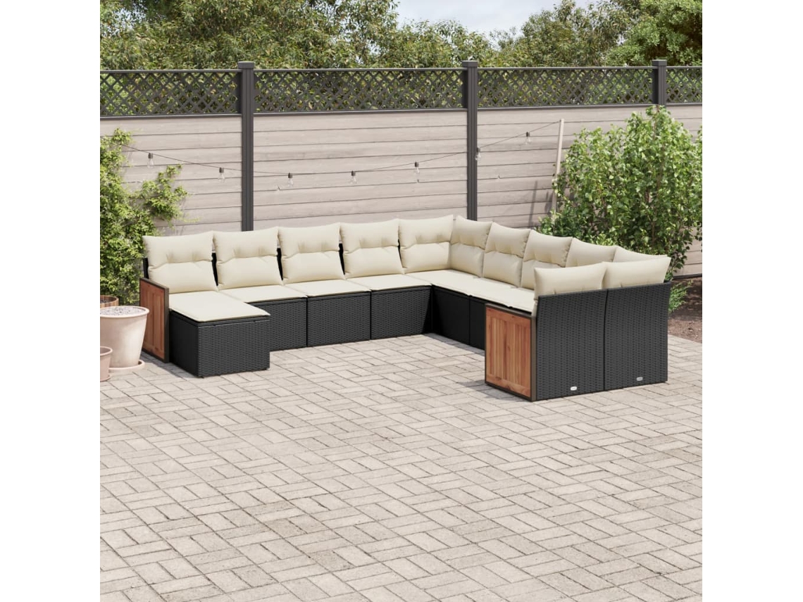 Vidaxl 11 Pcs Conjunto Sofás De Jardim C/ Almofadões Vime Pe Preto
