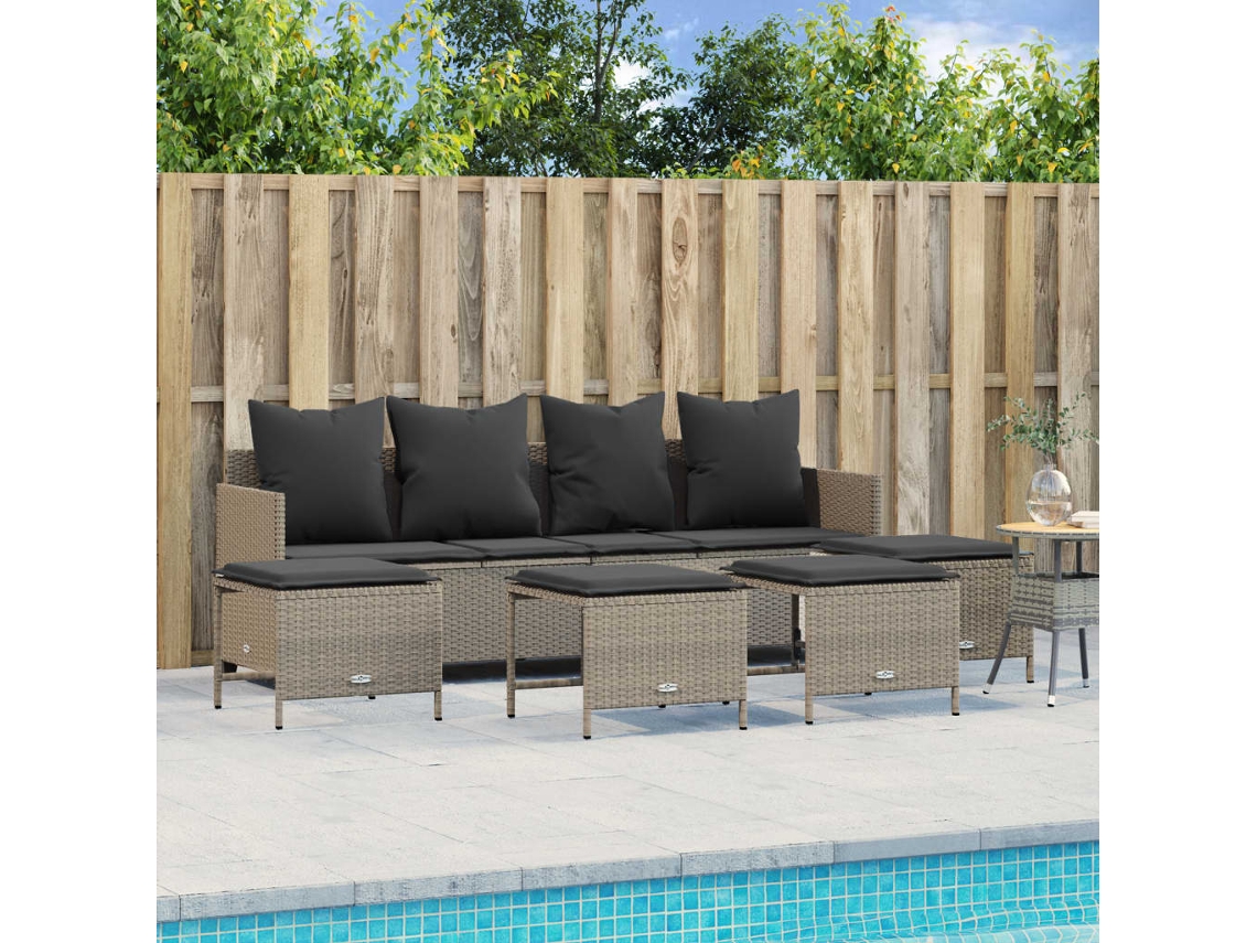 Vidaxl 5 Pcs Conj. Sofás Jardim C/ Almofadões Vime Pe Cinzento-claro