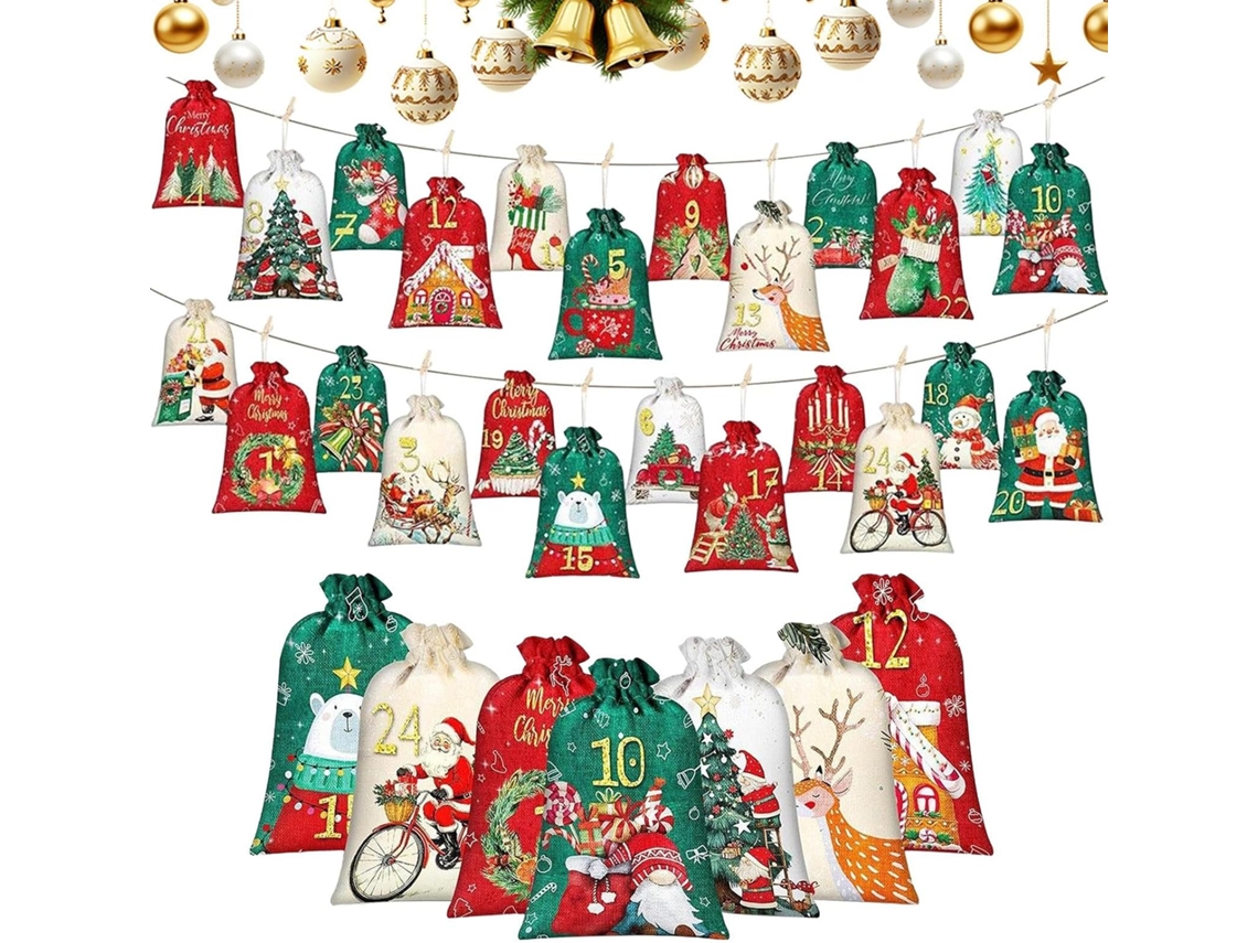 Calendário De Contagem Regressiva Com 24 Bolsos Numerados, Sacolas De Doces De Natal