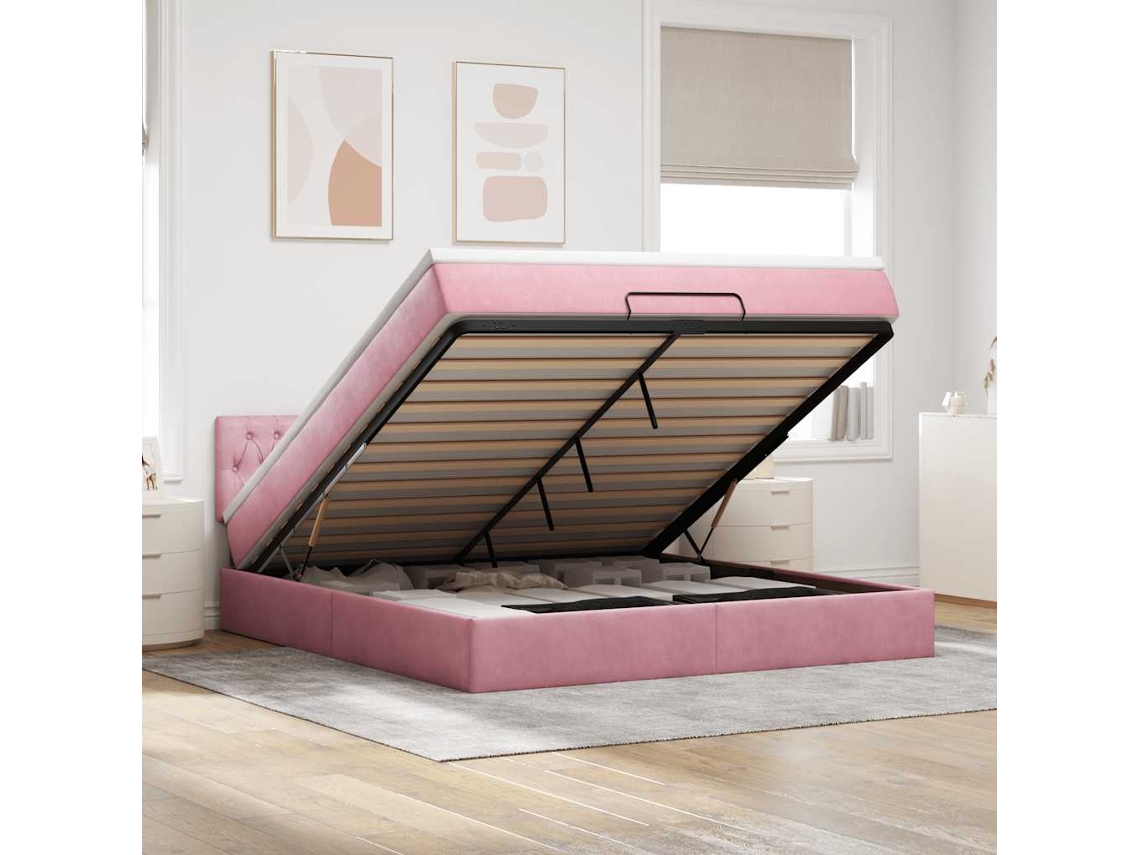 Cama Otomana Com Colchão Leds 180x200cm Veludo Rosa