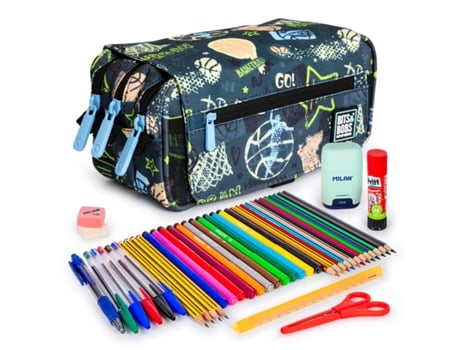 Estojo triplo com 3 zíperes e material escolar incluso. Streetball Colepack