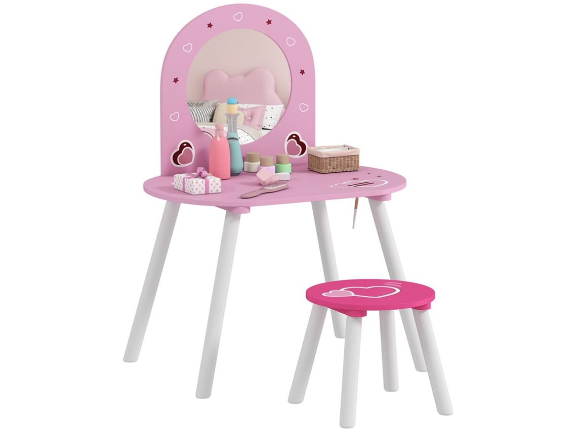 Toucador Infantil Com Banco E Espelho Toucador Para Meninas Com Desenhos De Corações 60x43,5x83 Cm Rosa