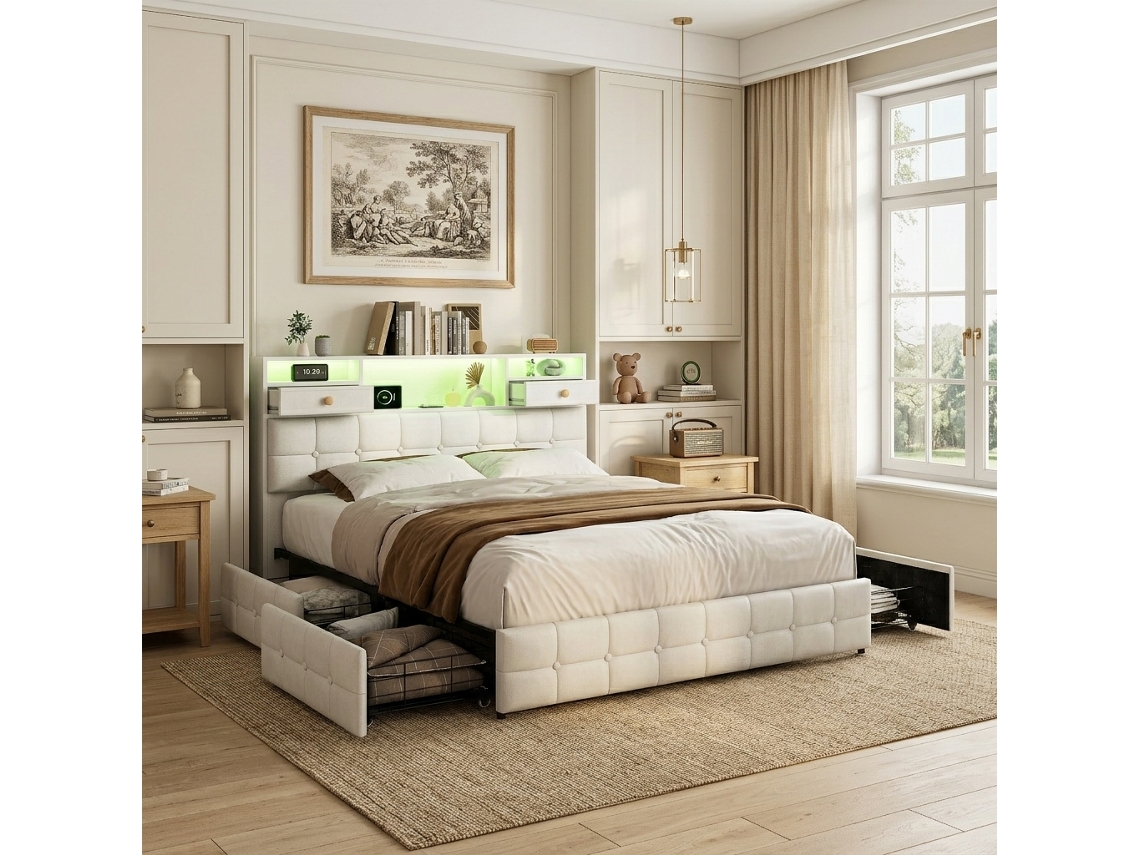 Cama Estofada Casal 140x200 Cm Com 4 Gavetas De Arrumação, Iluminação Led, Cabeceira Com Prateleira, Cama Com Arrumação E Usb, Beige