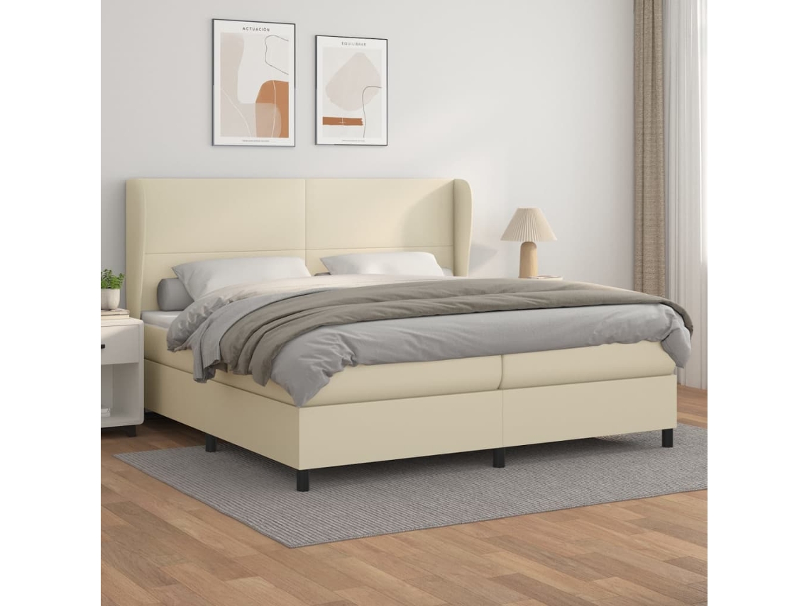 Vidaxl Cama Com Molas/colchão 200x200 Cm Couro Artificial Cor Creme