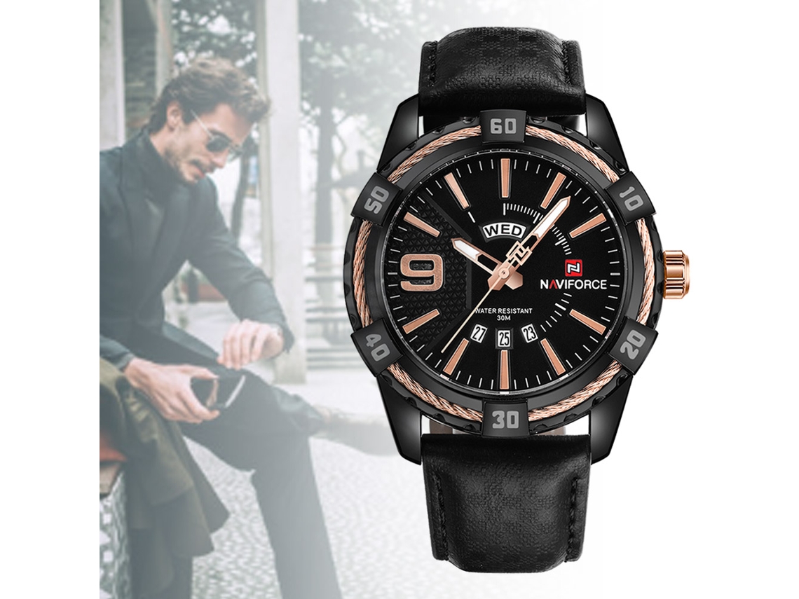 Relógio Masculino de Quartzo com Correia de Couro Autêntica Resistente À Água Naviforce