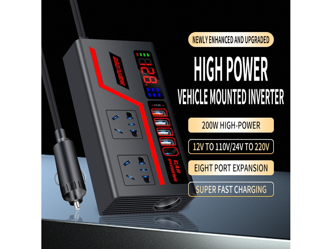 Inversor A-car 12v Para 110v 24v Para 220v Conversor Multifunções Para Automóvel E Camião De 200w Com Visor Digital Inteligente E Tomada De Carregamen