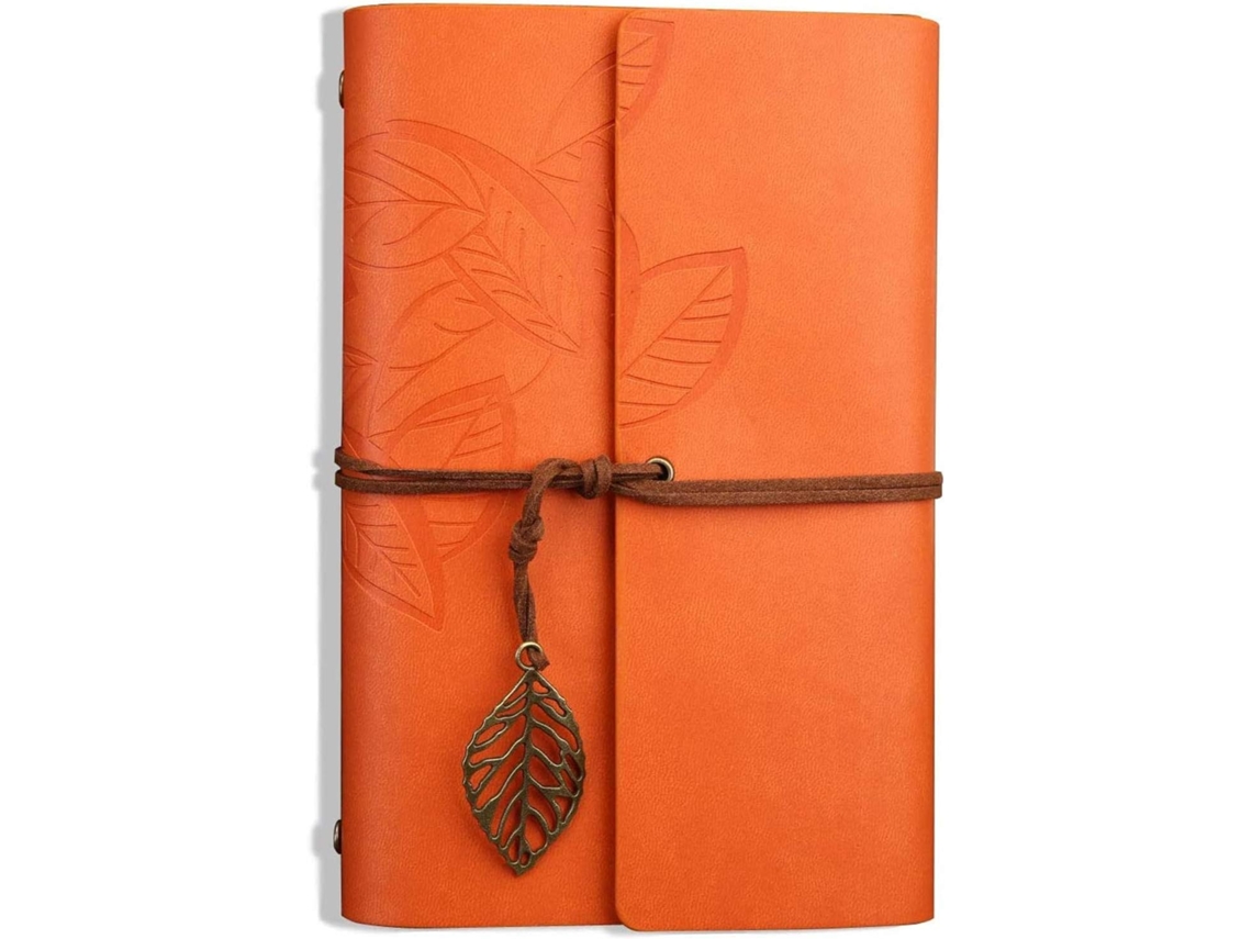 Libreta con cubierta de piel sintética y colgantes de estilo retro, ideal para escribir como regalo (naranja, tamaño A7 (5 pulgadas) - Aquaforge)